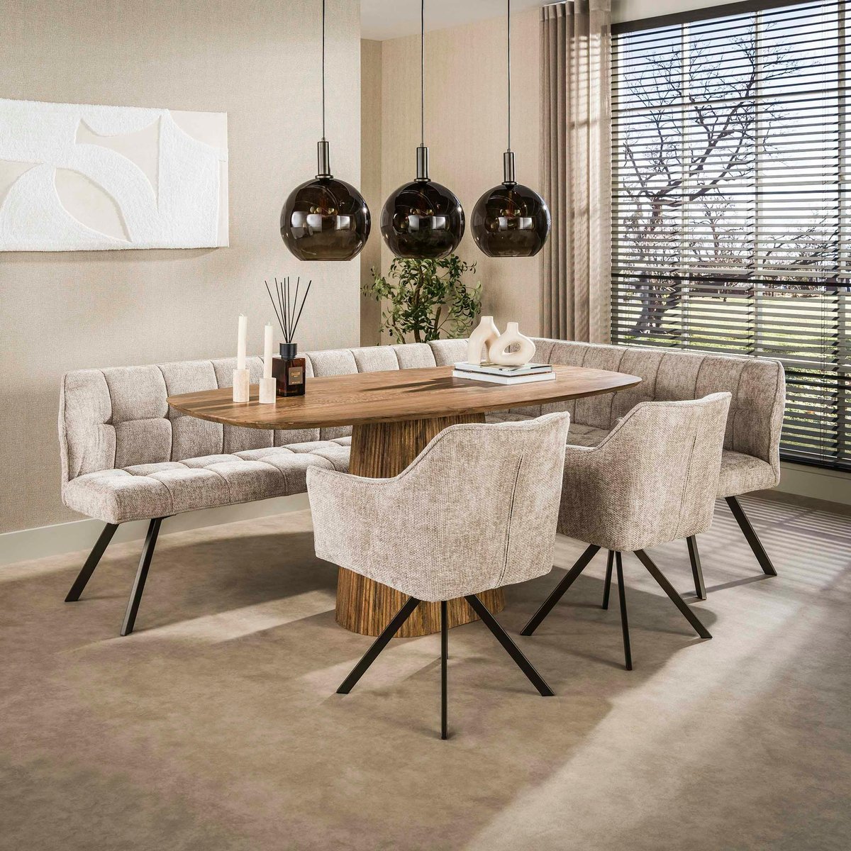 Banc de table tissu doux sable, angle droit MELBOURNE beige, PIER IMPORT