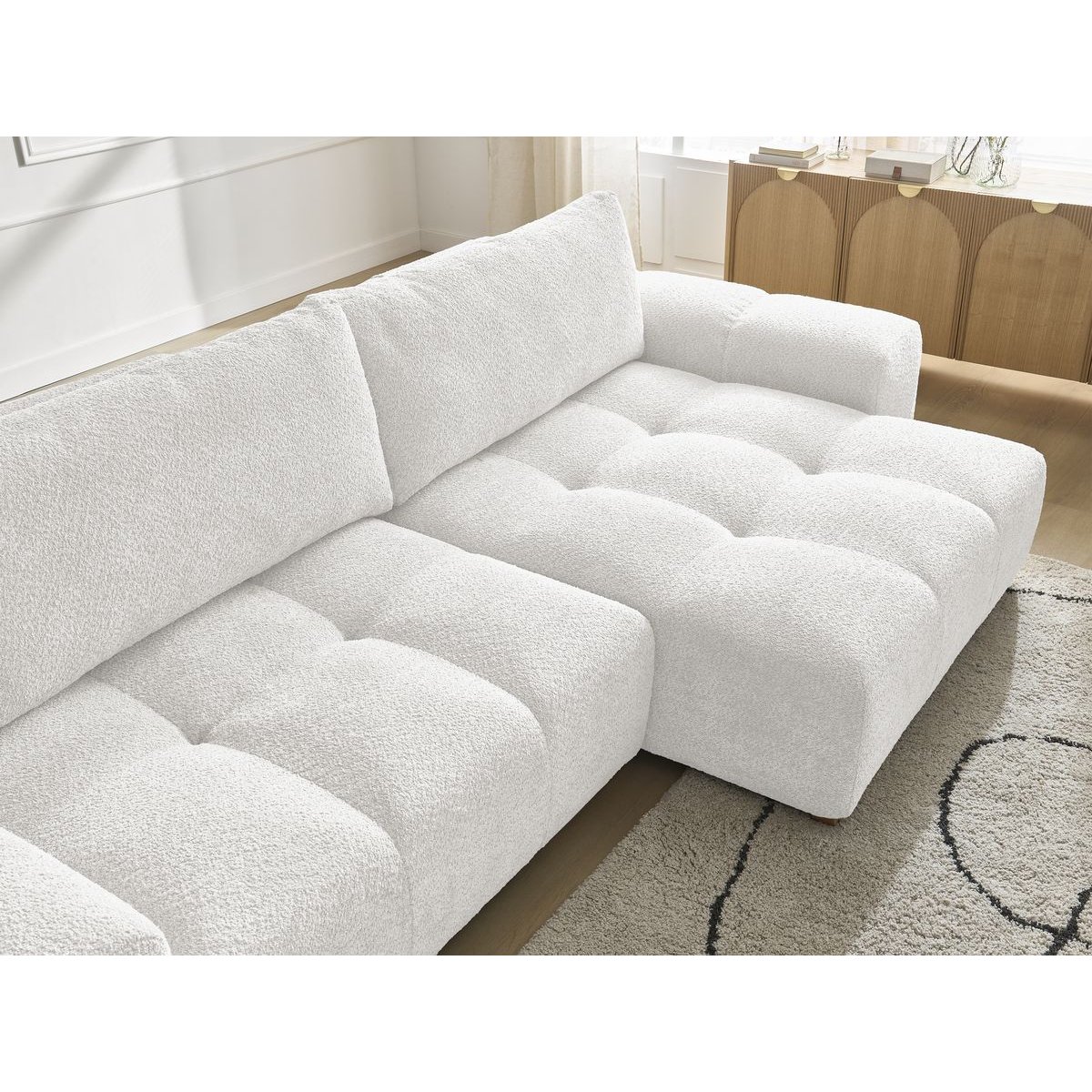 Canapé d'angle fixe 4 places en tissu bouclette, ANAKIN blanc, BOBOCHIC