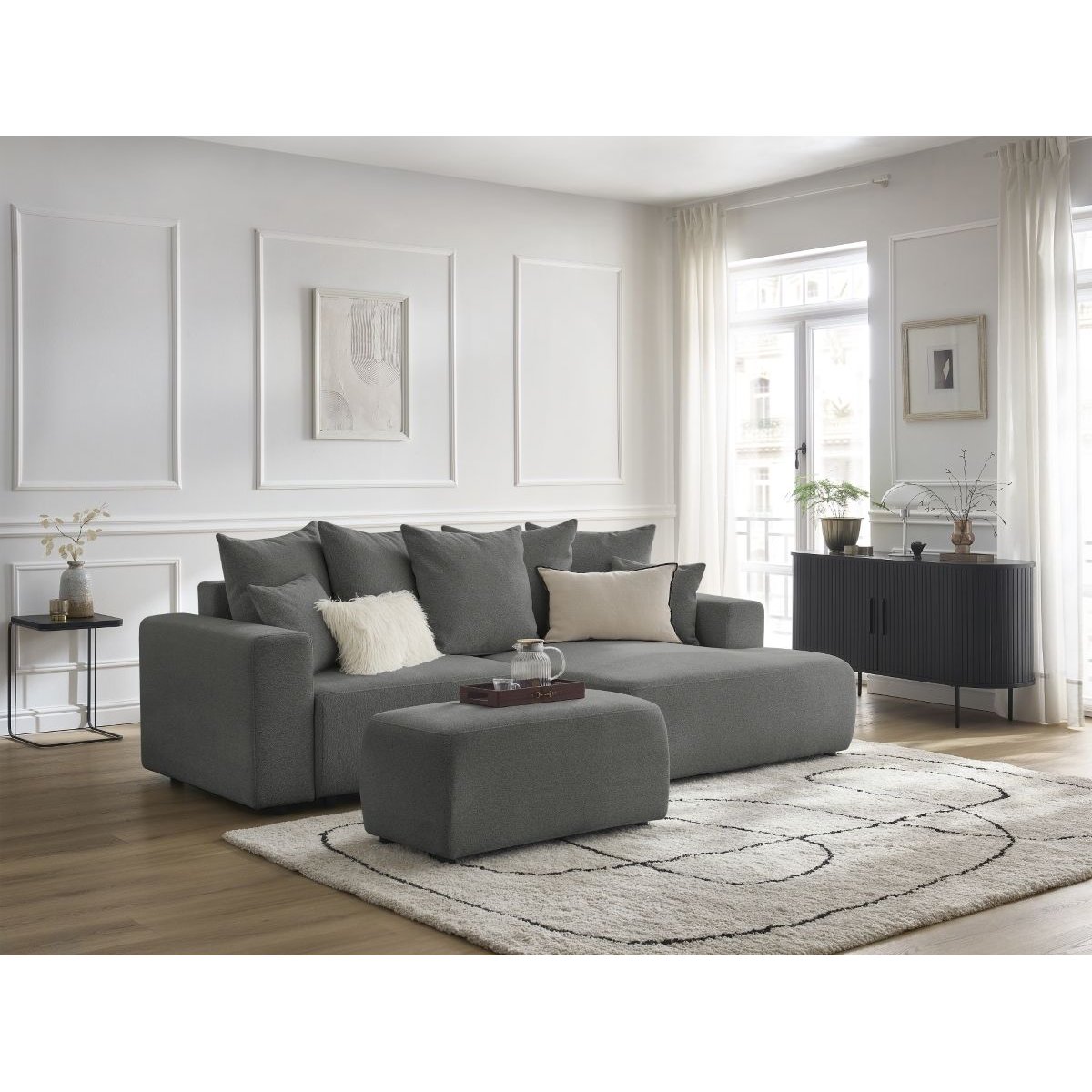 Canapé d'angle convertible 5 places en tissu chiné avec pouf, ATILLA gris foncé, BOBOCHIC