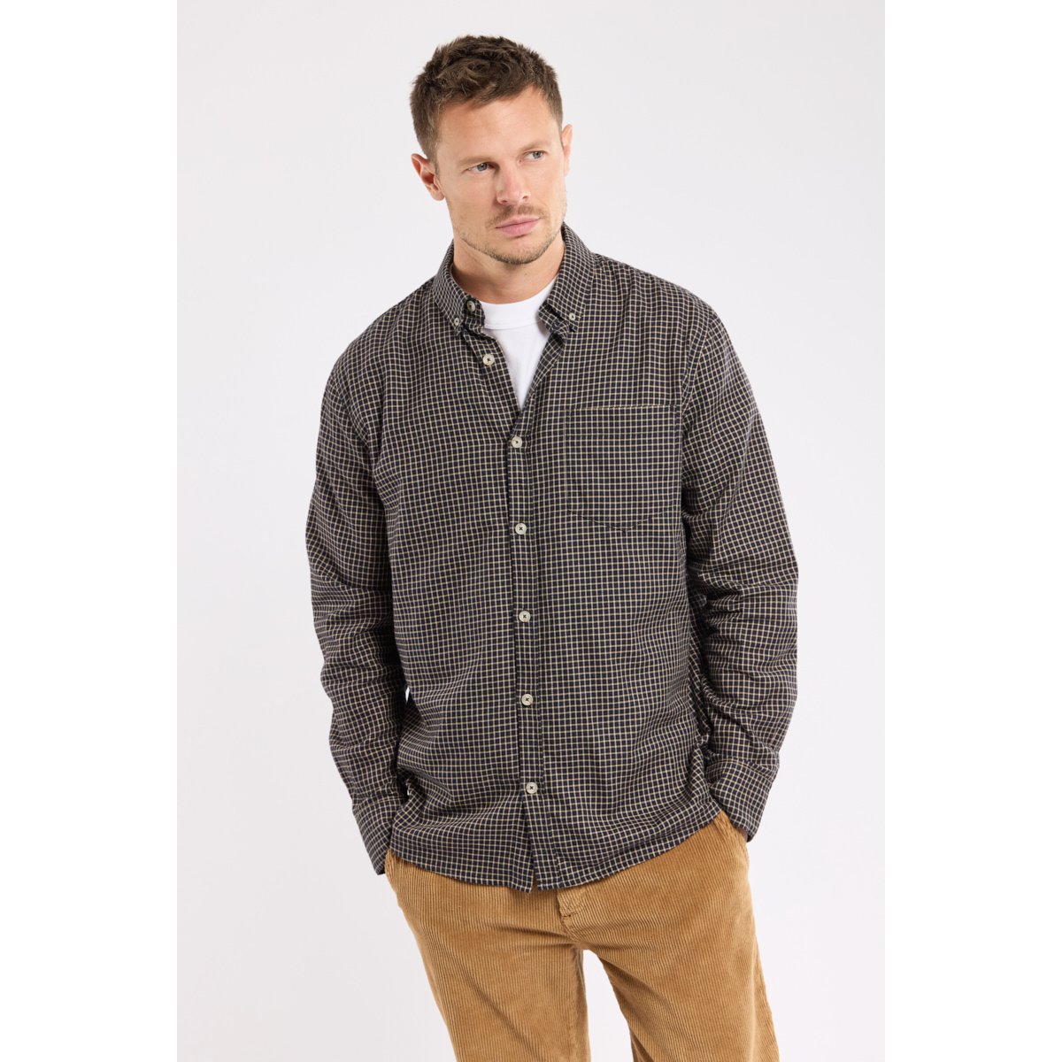 Chemise coupe droite HERITAGE en coton flanelle pour homme carreaux marine/beige, ARMOR-LUX