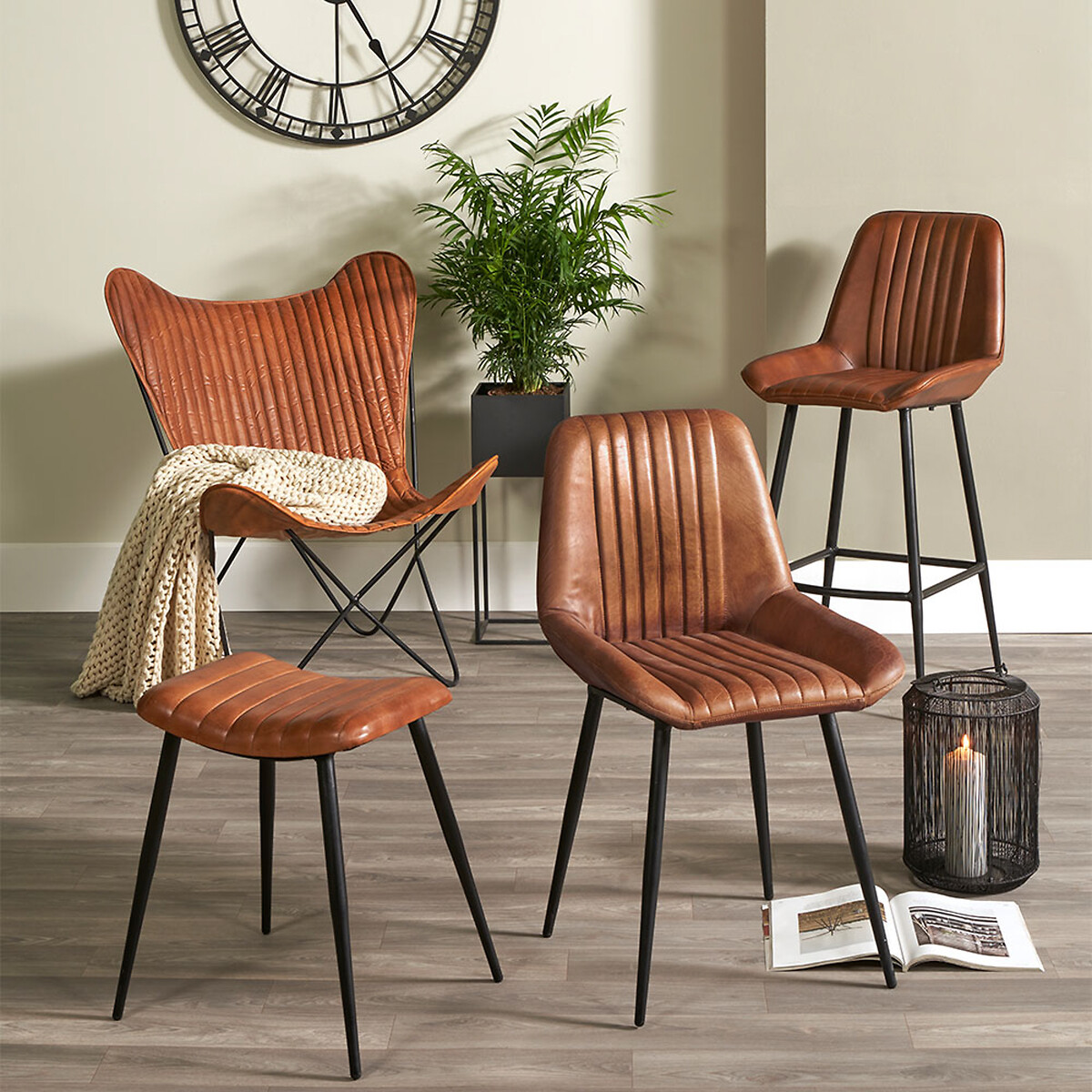 Retro Leather Stool with Iron Legs brown , SO'HOME