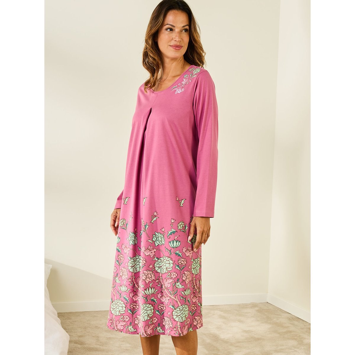 Chemise de nuit manches longues imprimé rose, DAXON