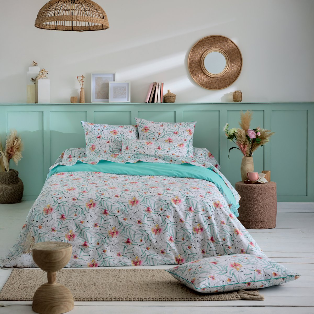Housse de couette coton floral exotique réversible uni bleu, TRADILINGE