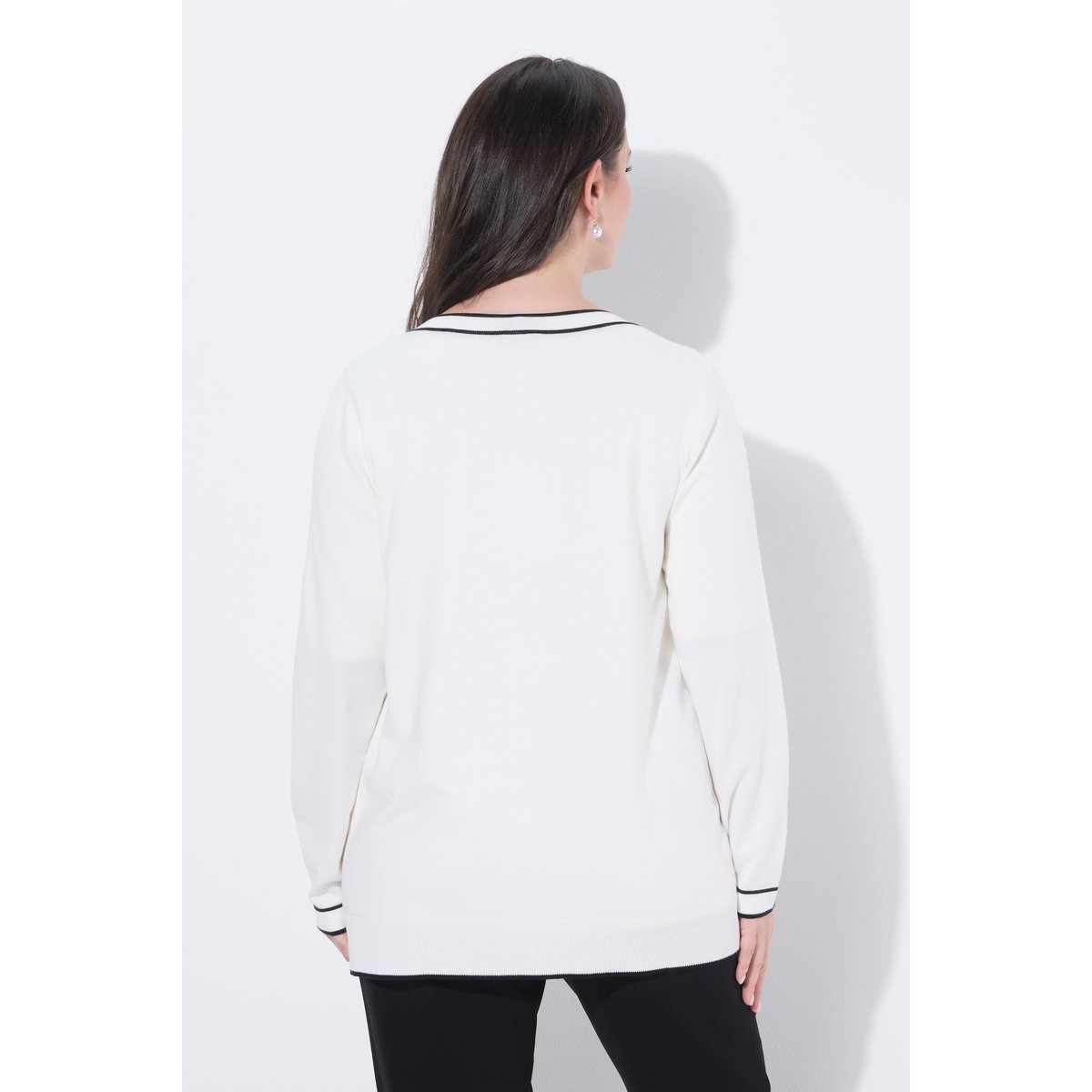 Cardigan long, liserés contrastants blanc cassé, ULLA POPKEN