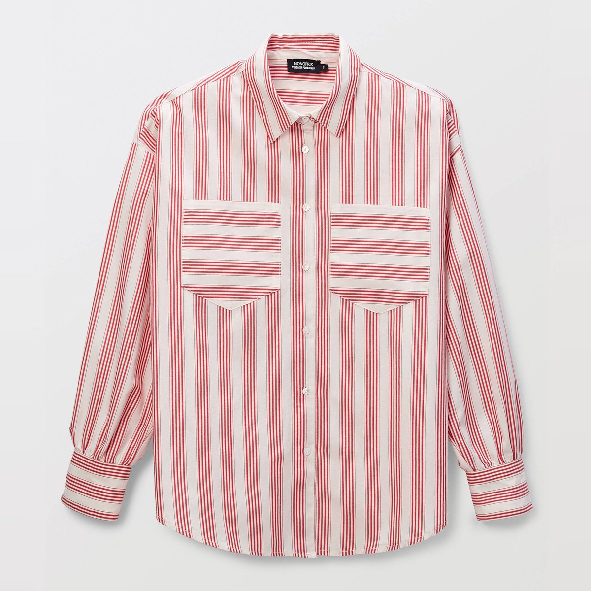 Chemise manches longues rayée en coton goyave, MONOPRIX