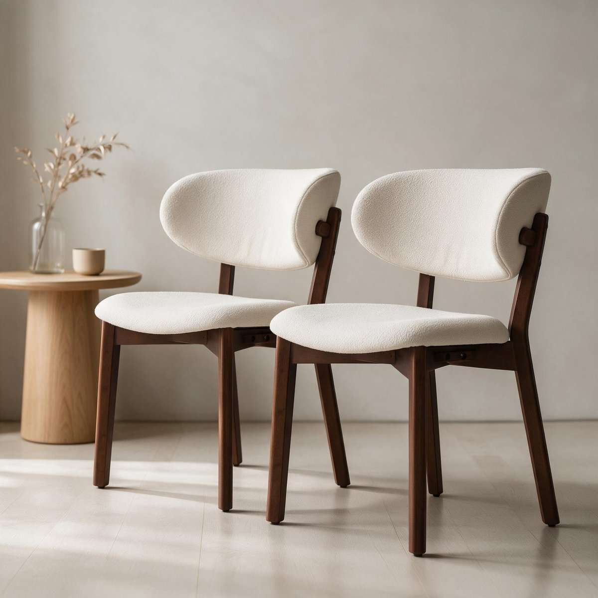 Lot de 2 chaises en bois et tissu boucle, AURA beige, bois foncé, HAPPY GARDEN