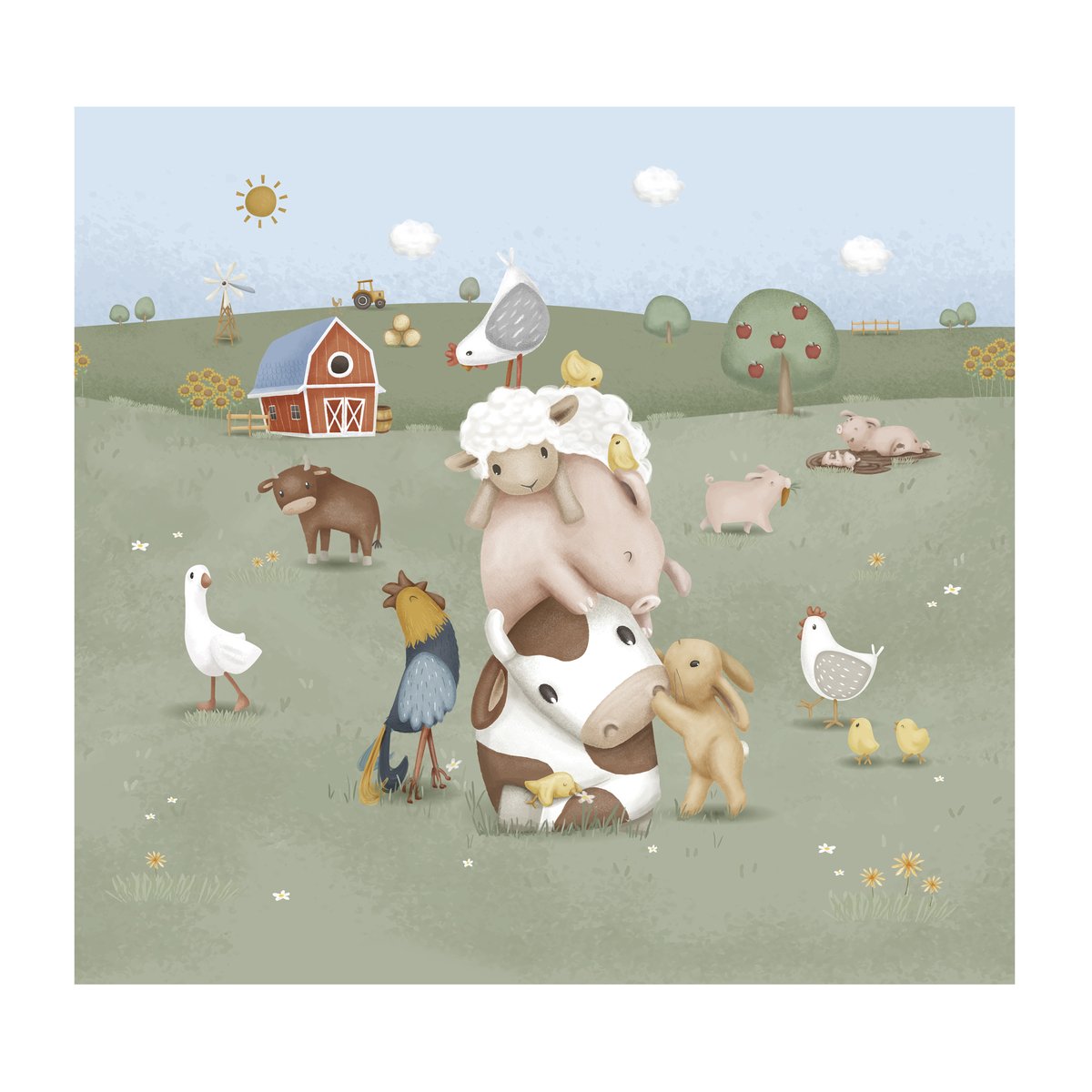 Papier peint panoramique pour enfant Animaux de la ferme coloris pastel, LITTLE DUTCH
