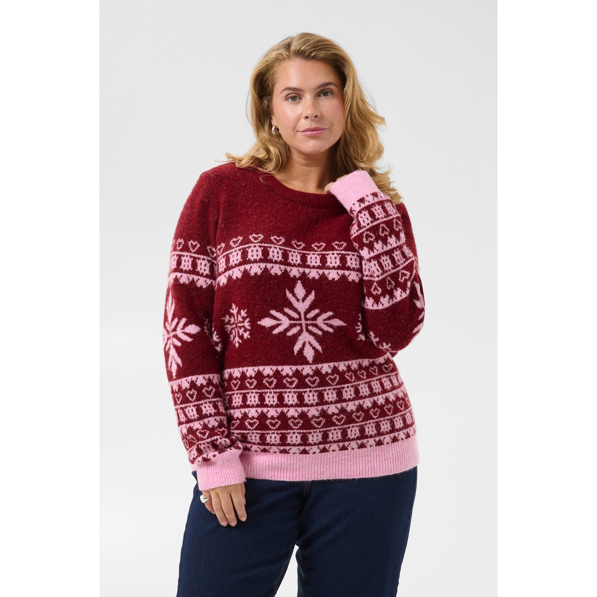 Pull en maille manches longues rouge rose red/pink christmas knit, KAFFE CURVE