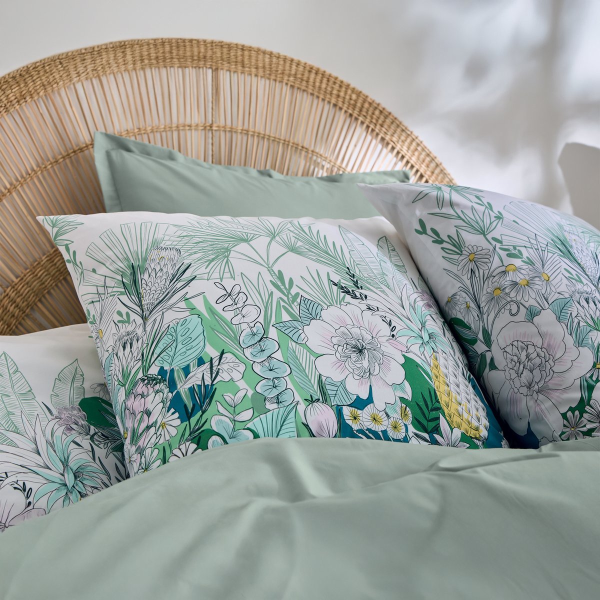 Parure de lit 3 pièces percale de coton feuillage exotique housse + taies vert, TRADILINGE
