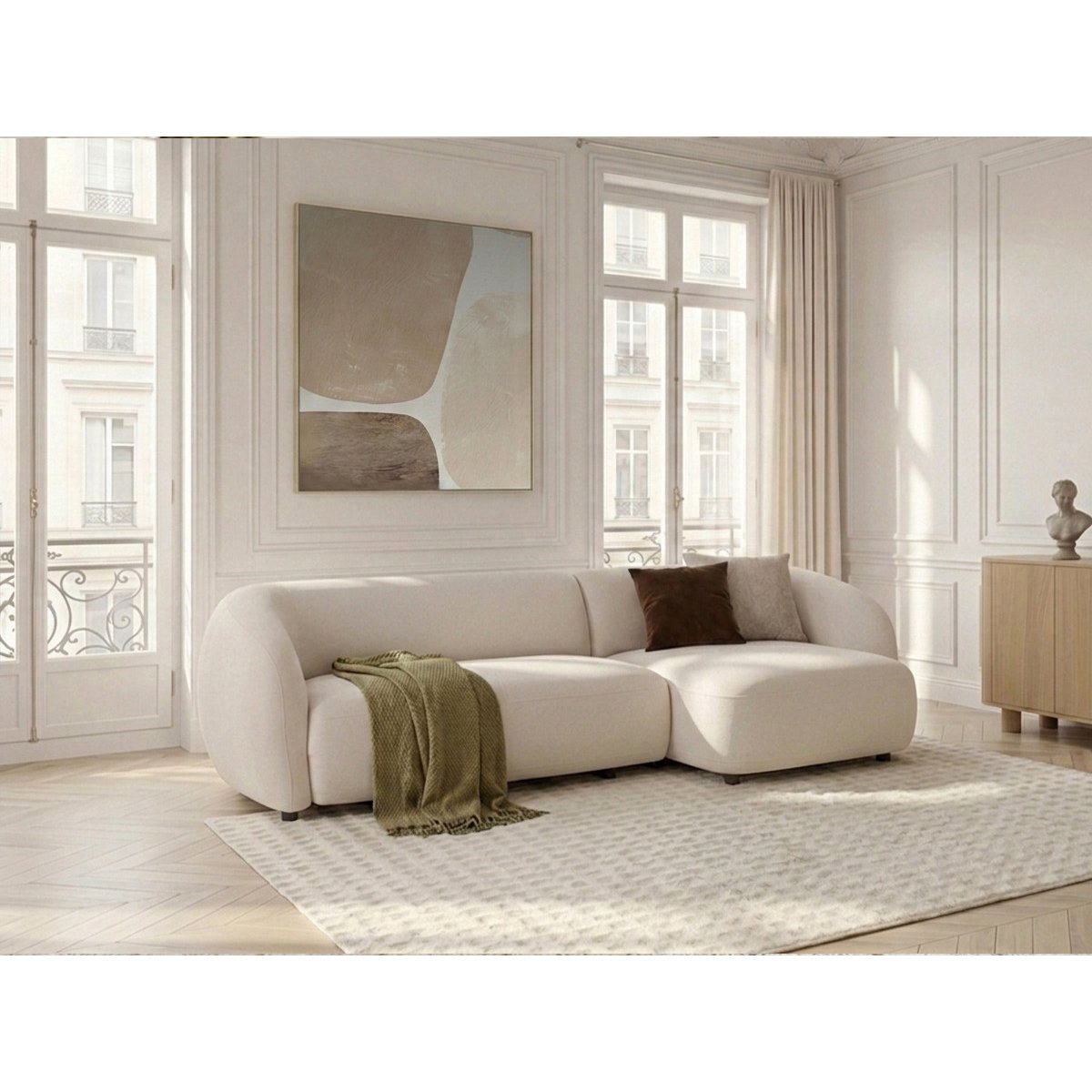 Canapé d'angle convertible 4 places en tissu lisse, HALO beige, BOBOCHIC
