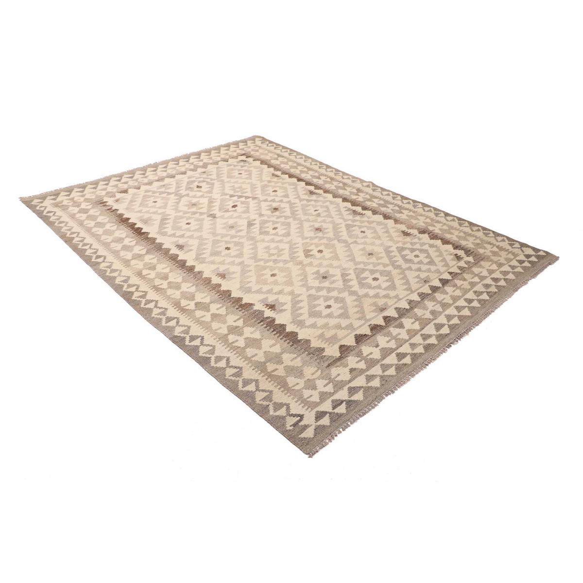 Tapis d'orient, motif géométrique artisanal, tissé à plat, KILIM 5 beige, crème, marron, UN AMOUR DE TAPIS