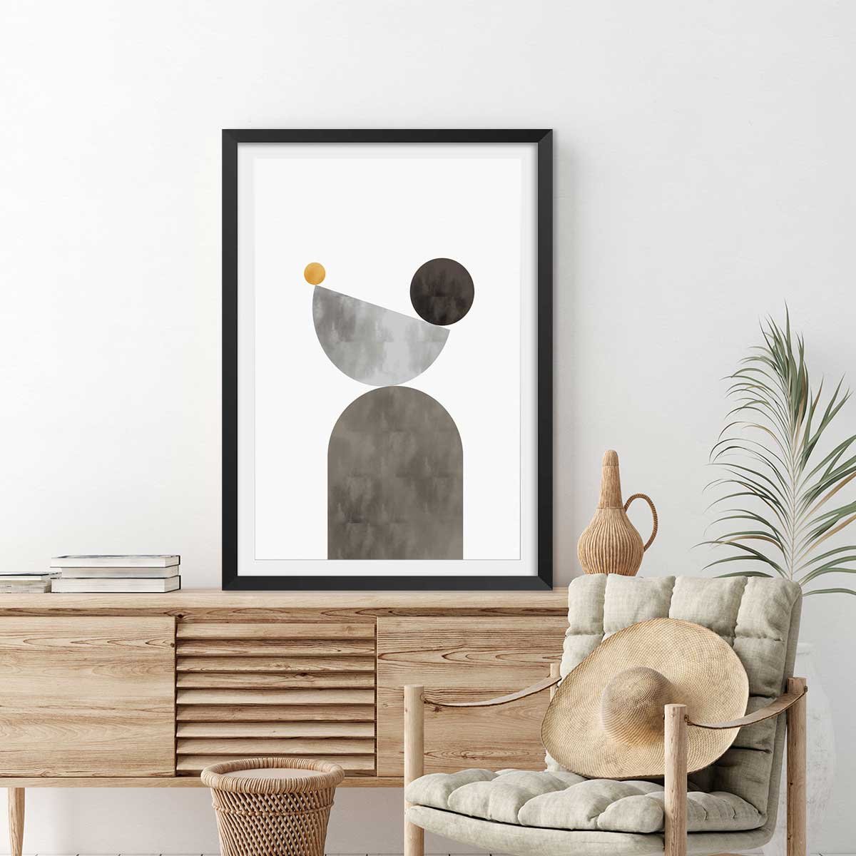 Affiche Lévitation courbe beige affiche + cadre en bois - noir, HEXOA