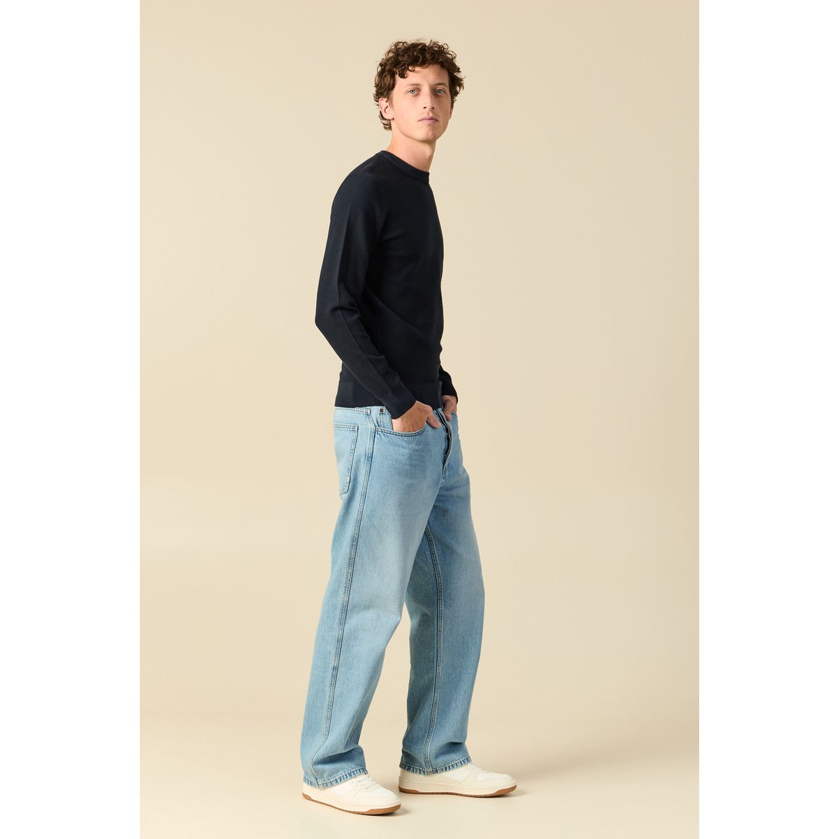 Pull fin col rond manches longues bleu marine, BONOBO