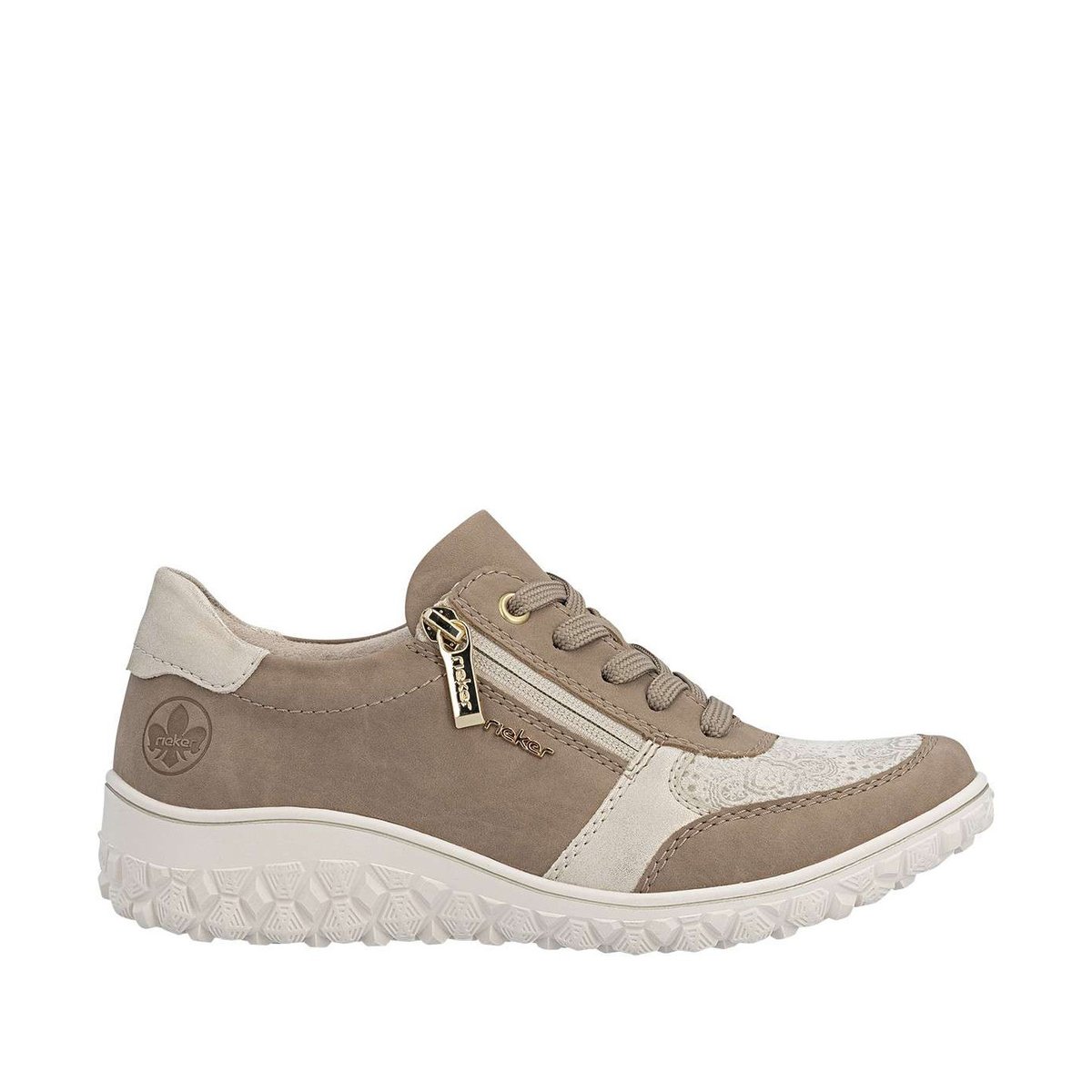 Baskets running taupe à talon plat avec des lacets et un zip latéral beige, RIEKER