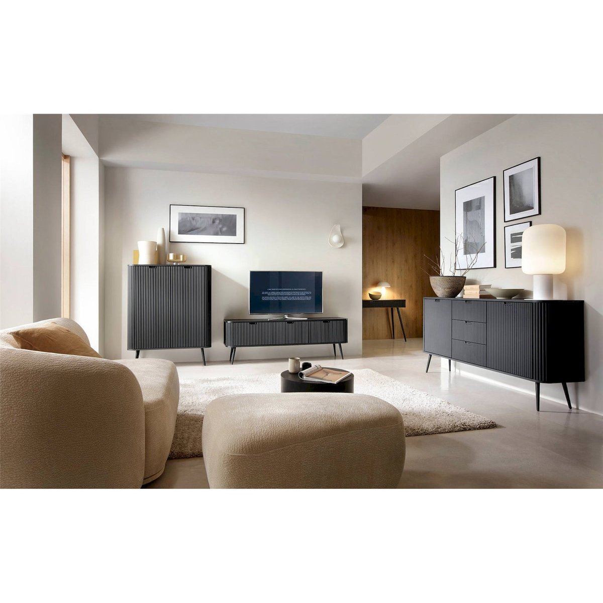 Buffet haut cannelé 2 portes collection ZOVA noir, RECOLLECTION