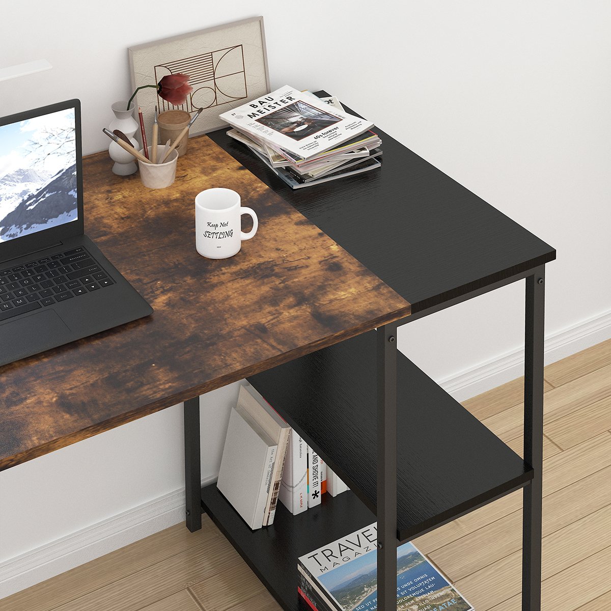 Bureau 140cm avec 2 étagères réversibles style industriel, DEMBE noir, MEUBLES COSY