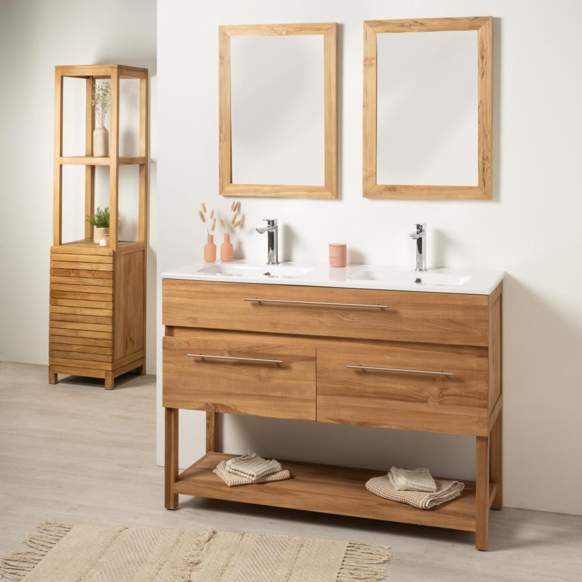 Meuble salle de bain en teck massif et céramique Bagster 120 cm blanc, WANDA COLLECTION