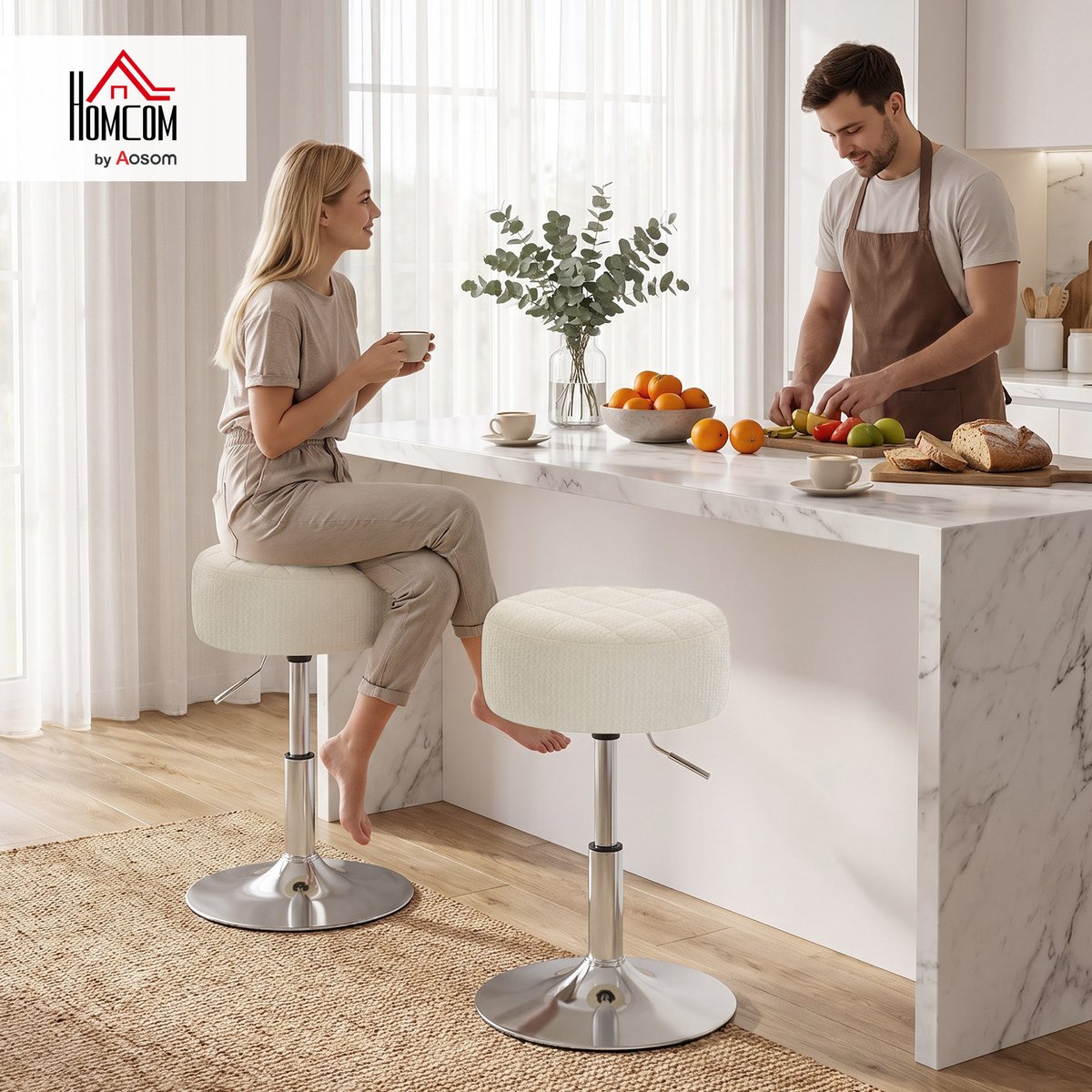 Tabouret de bar Chenille Crème crème, argent, HOMCOM