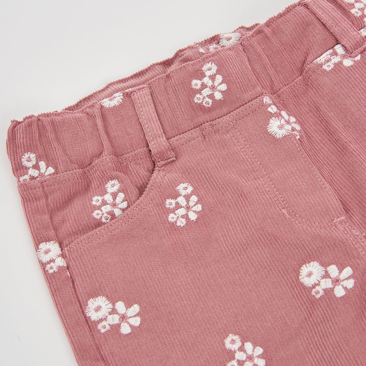 Pantalon fille velours côtelé fin imprimé fleurs rose, BOBOLI