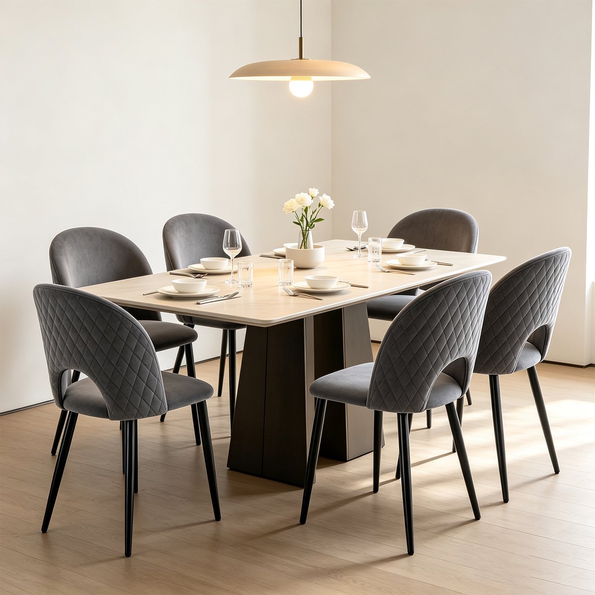 Lot de 6 chaises de salle à manger style industriel en velours, BANZEL gris, MEUBLES COSY