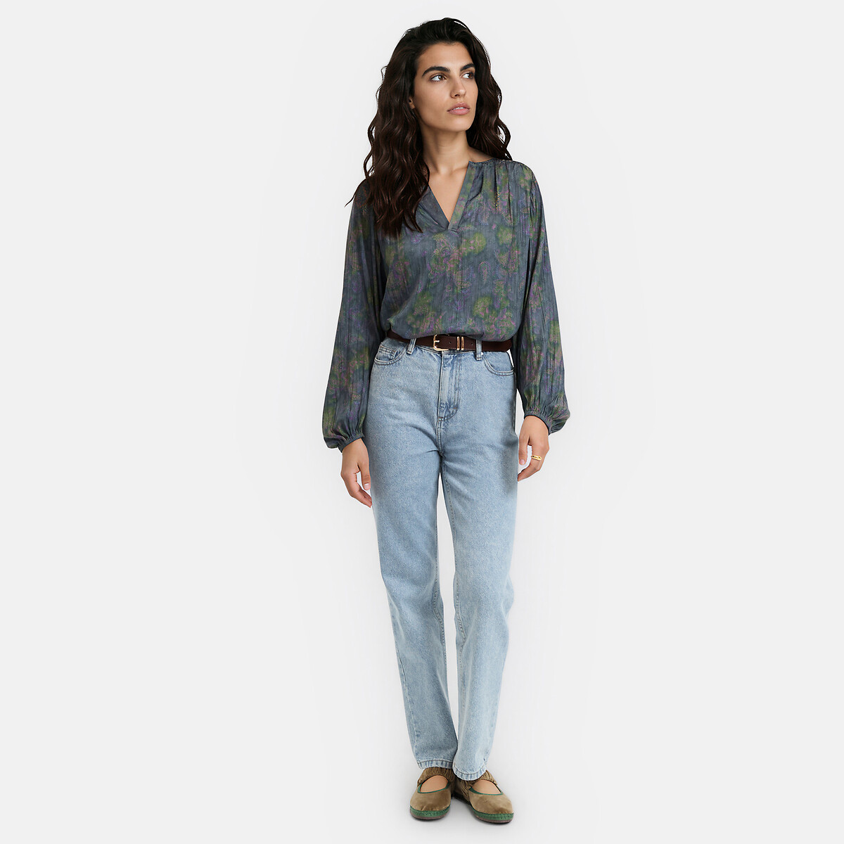 Blouse fluide, manches longues, imprimé cachemire imprimé fond kaki, LA REDOUTE COLLECTIONS