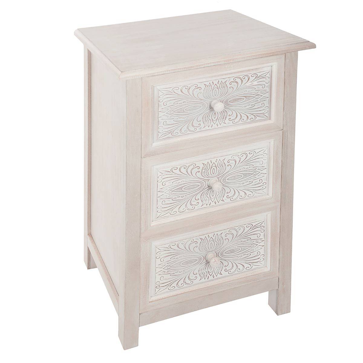 Commode 3 tiroirs en bois motifs embossés HINA blanc, ATMOSPHERA