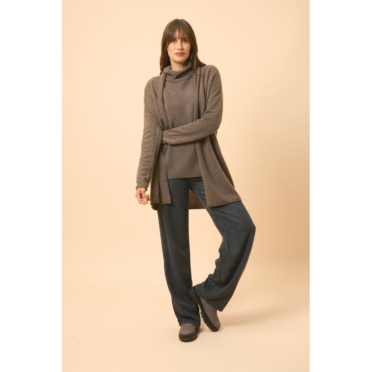 Gilet Long Ouvert Col Châle Taupe Chiné Maddie marron, JUST CASHMERE