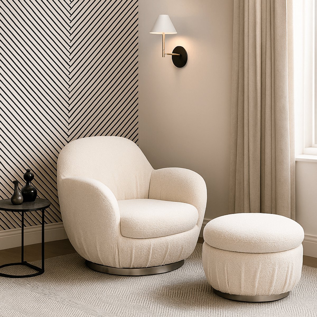 Fauteuil pivotant en polyester bouclé, NUBE crème, KARE DESIGN