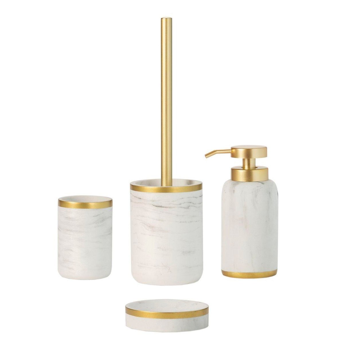 Brosse WC en résine effet marbre blanc et doré blanc, WADIGA