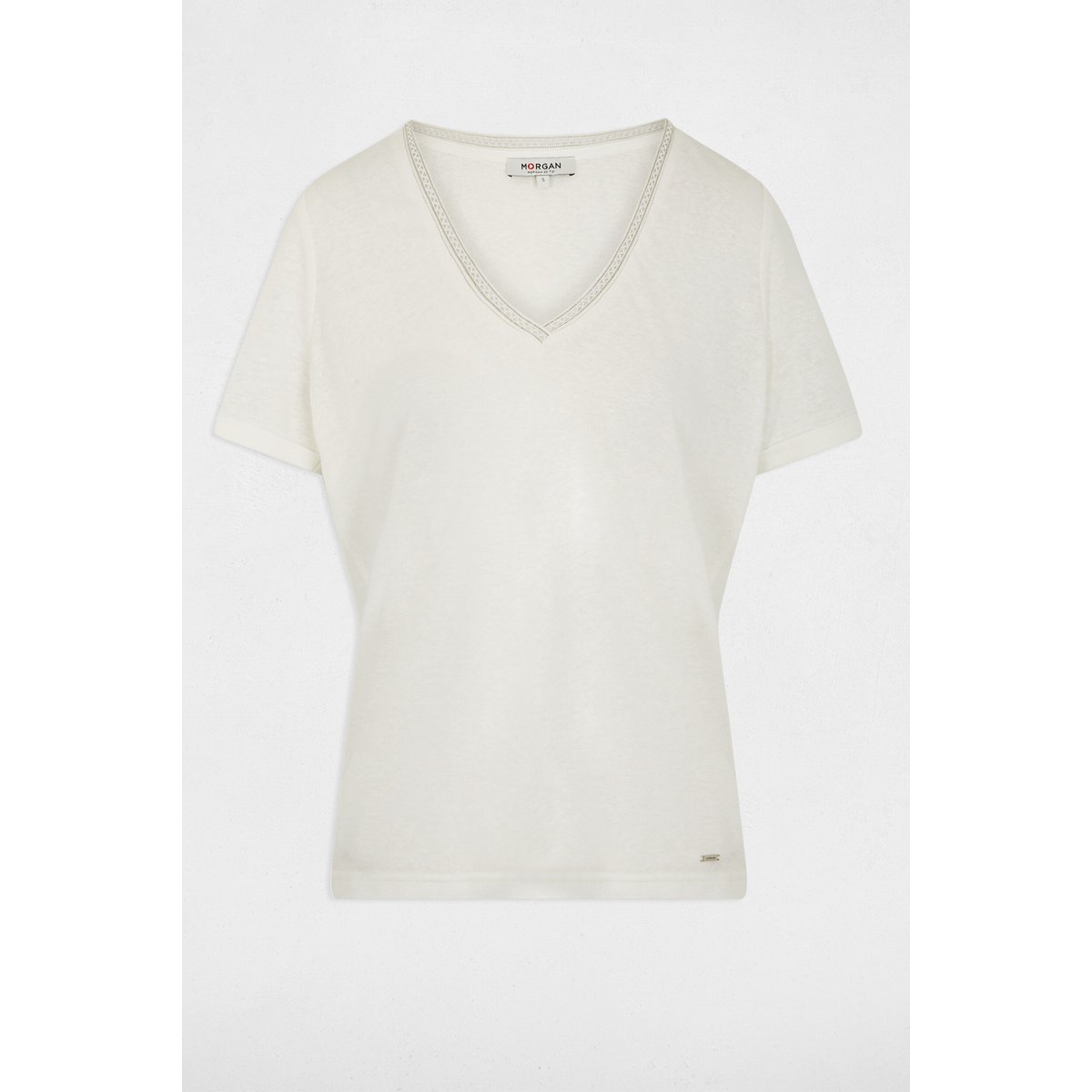 T-shirt col v perlé blanc, MORGAN