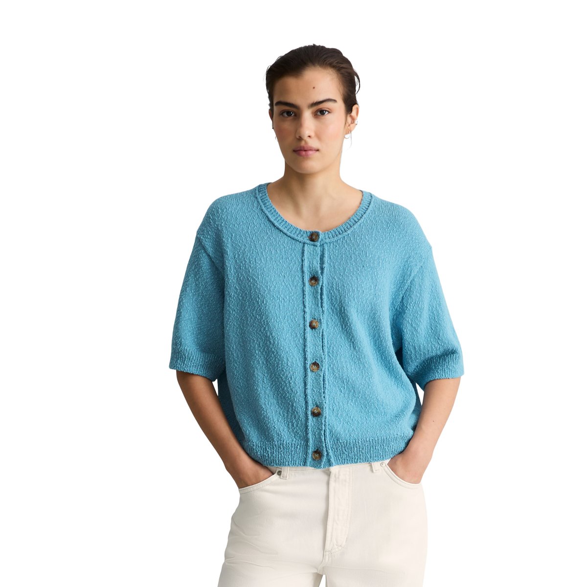 Cardigan manches courtes regular en fil Cotton Slub bleu clair, MARC O’POLO DENIM