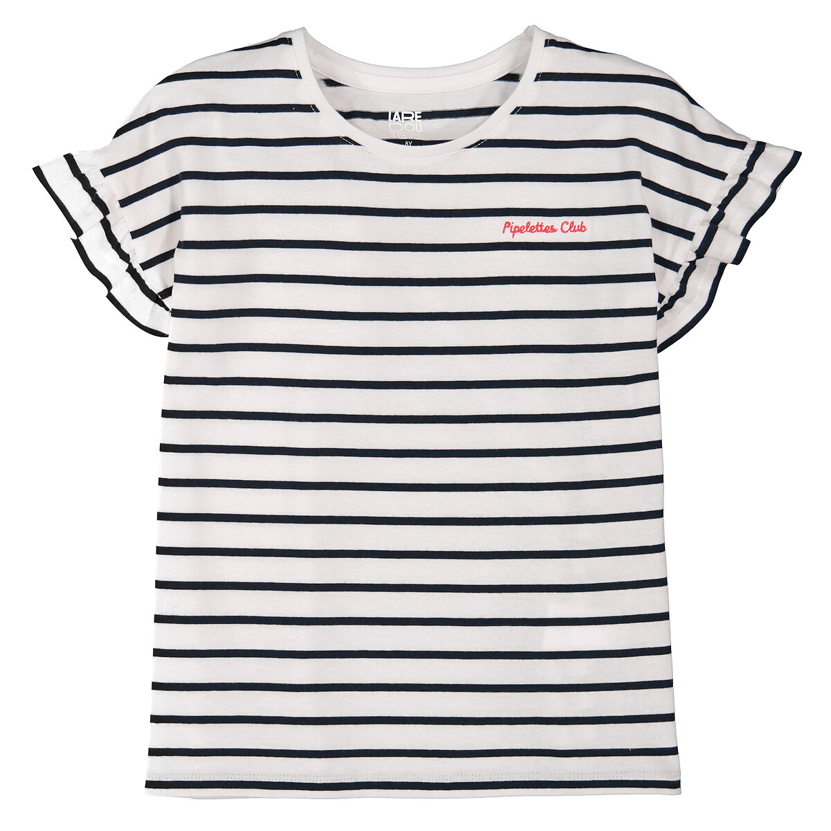 T-shirt a righe volant alle maniche, scritta ricamata rigato blu vivo/bianco, LA REDOUTE COLLECTIONS