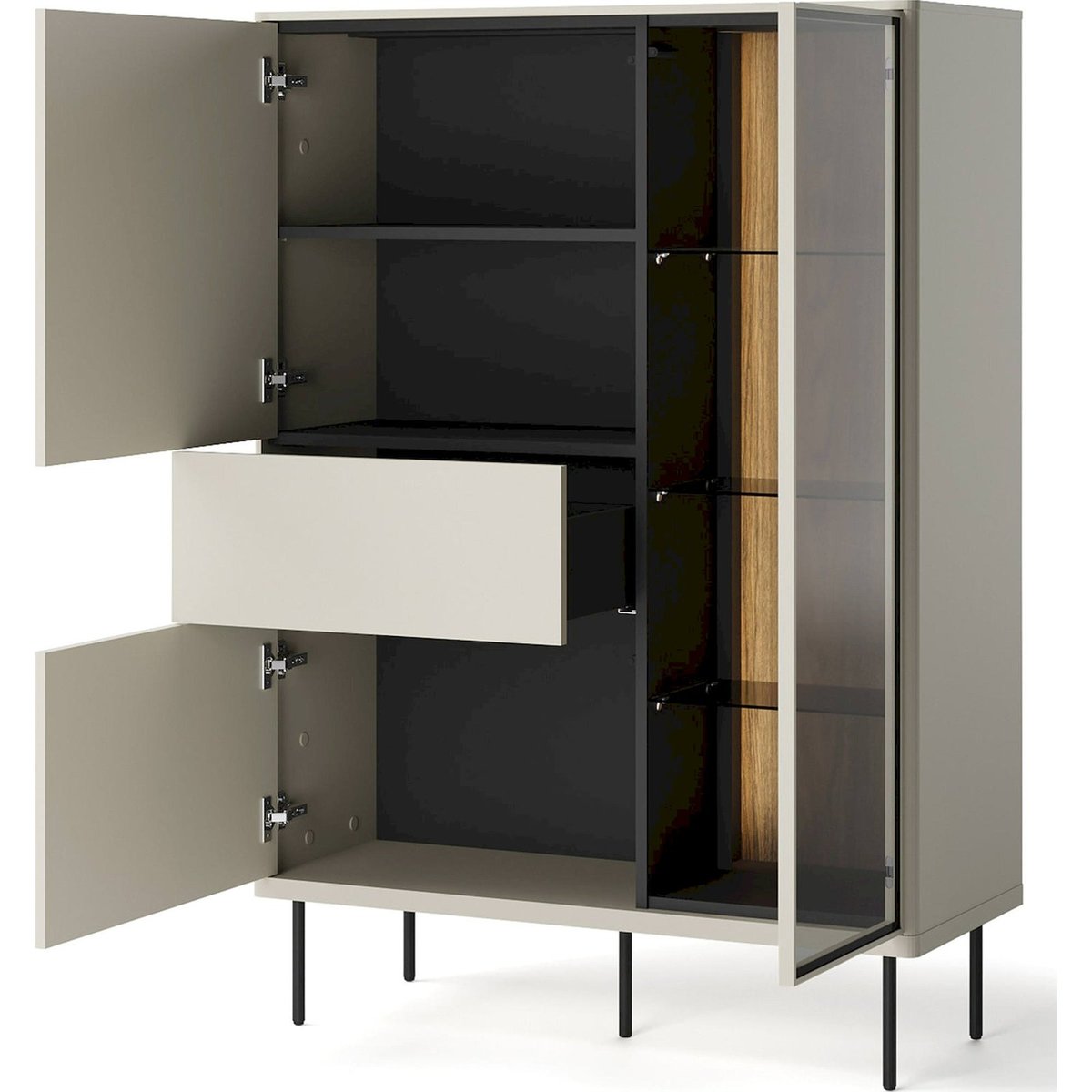 Vitrine haute EPIRO en bois avec éclairage LED beige cachemire, noir et chêne foncé, RECOLLECTION