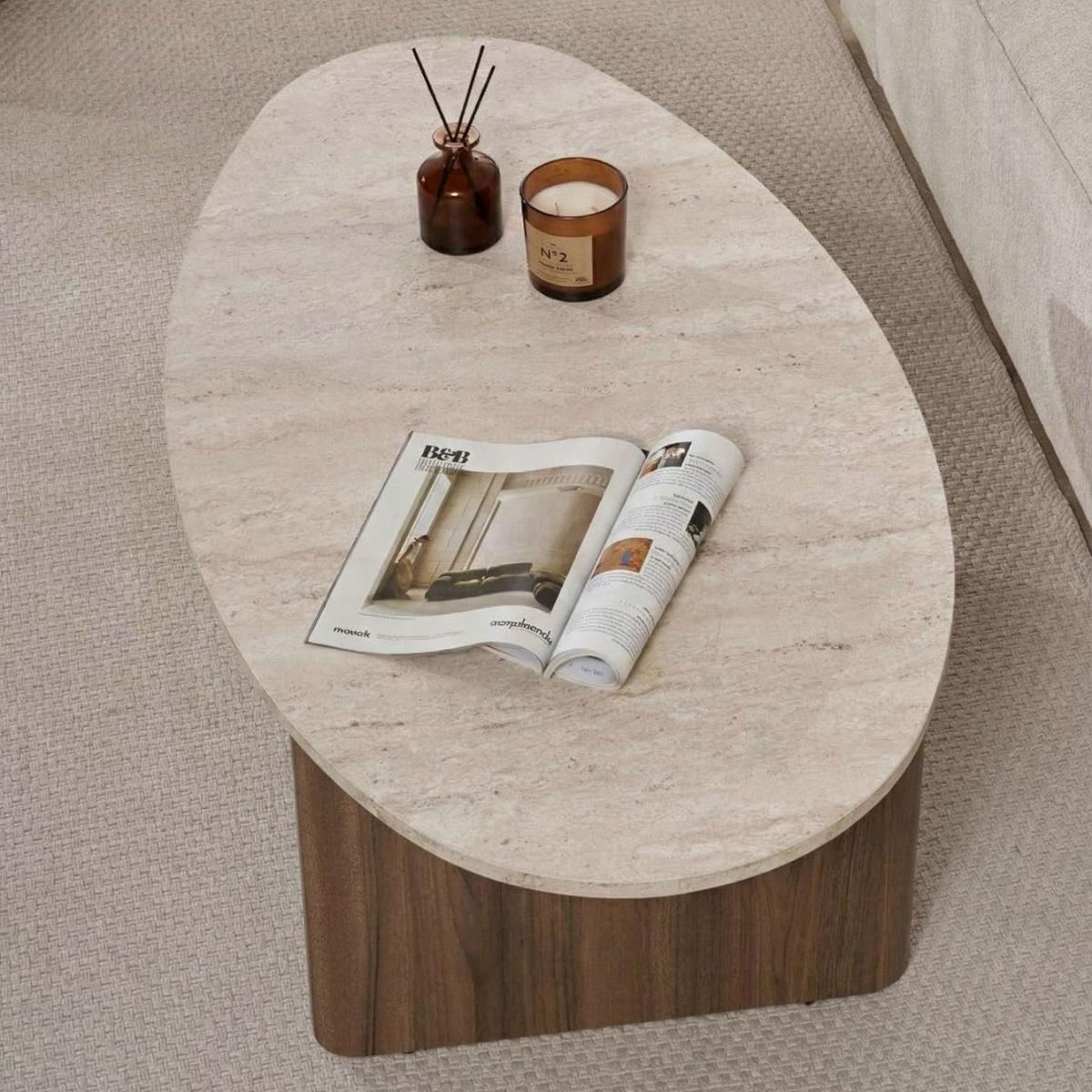 Table basse avec plateau ovale - ANNA noyer / travertin, CALICOSY
