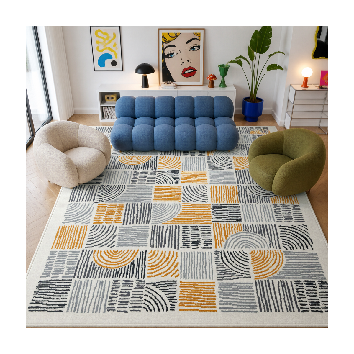Tapis salon LYN1 ETNI, motif géométrique graphique, moderne jaune, crème, noir, UN AMOUR DE TAPIS