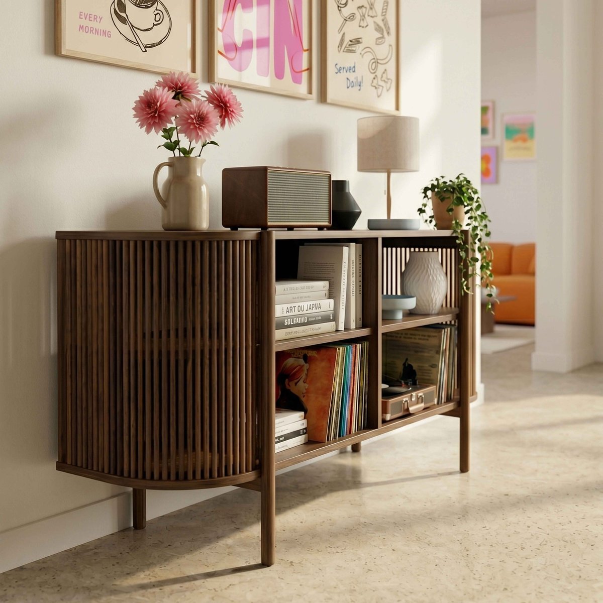 Buffet ouvert effet bois 160 cm style bohème, MARCUS bois foncé, OVIALA