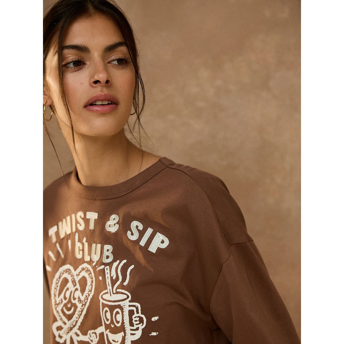 T-shirt décontracté manches longues et motif marron chocolat, NEXT