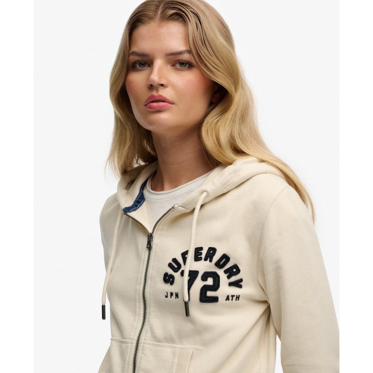 Sweat à capuche zippé court Athletic coupe décontractée crème tourterelle, SUPERDRY