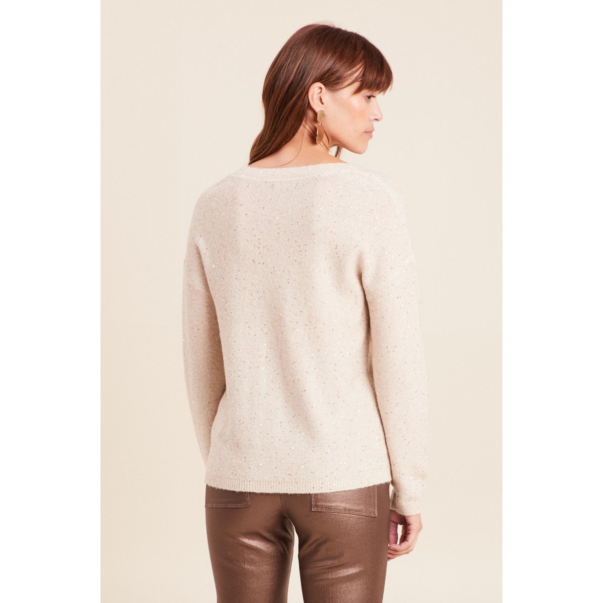 Pull col v manches longues à sequins couleur or, BREAL