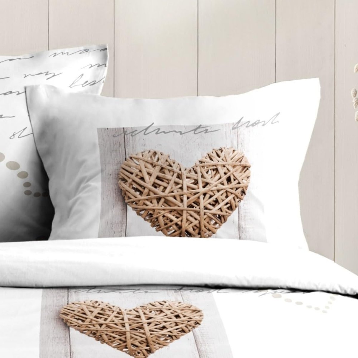 Housse de couette + taie Charming coeur beige, EDEN