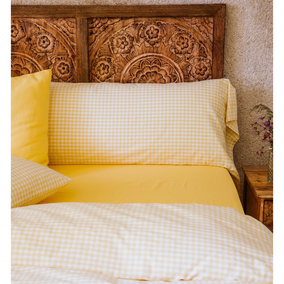 Taie de traversin en percale de coton bio, VICHY vichy tournesol, KADOLIS