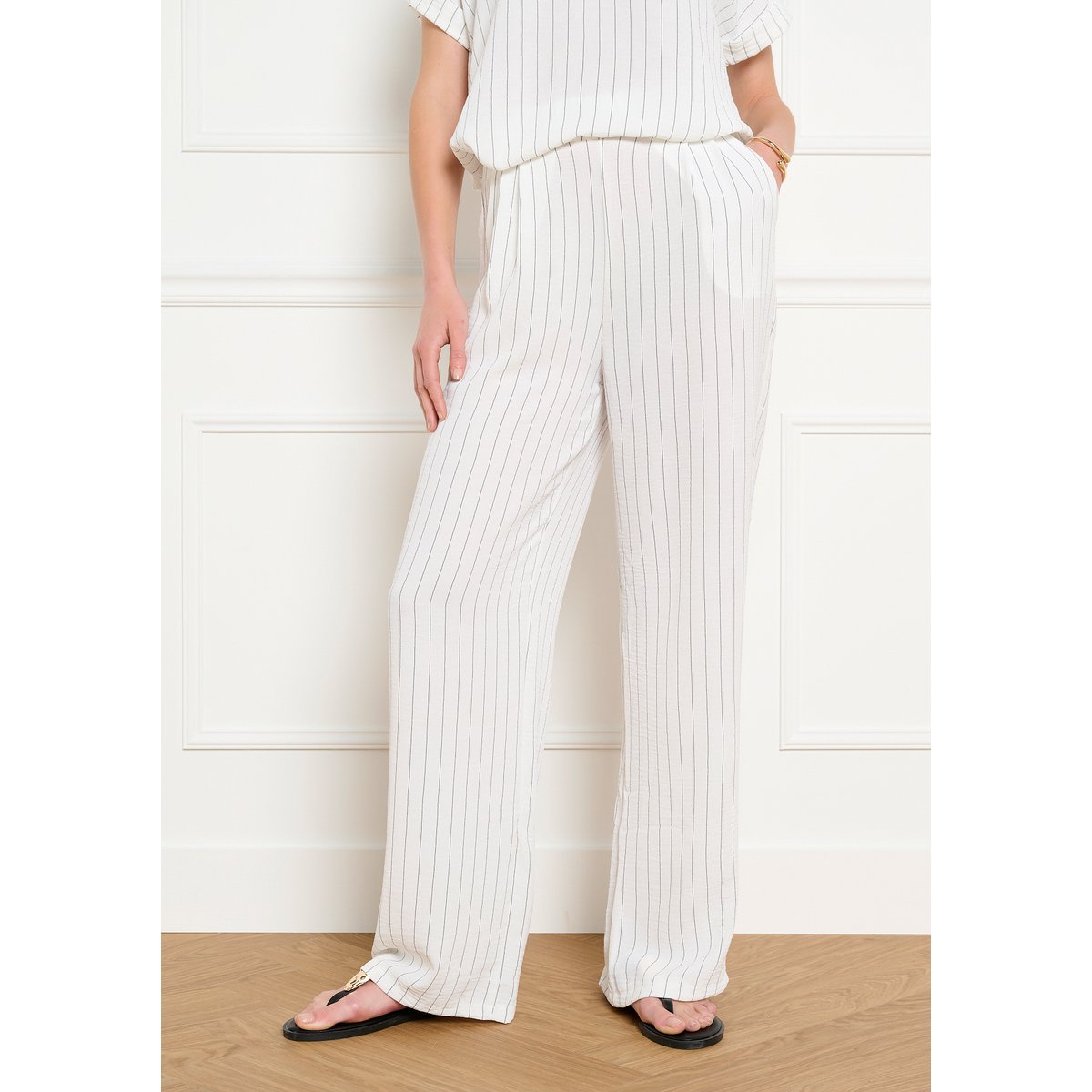 Pantalon large fluide rayé blanc vanille, LOLALIZA