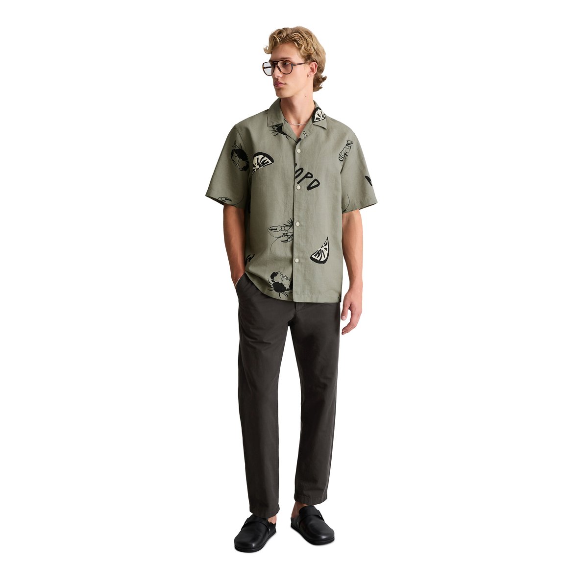 Chemise à manches courtes Crayfish Capsule en coton bio et en lin vert, MARC O’POLO DENIM