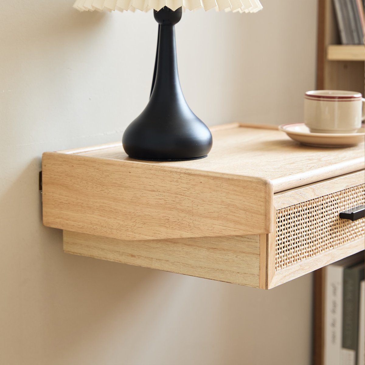 Table de chevet murale, rotin et bois, PITEA bois naturel, NORDLYS