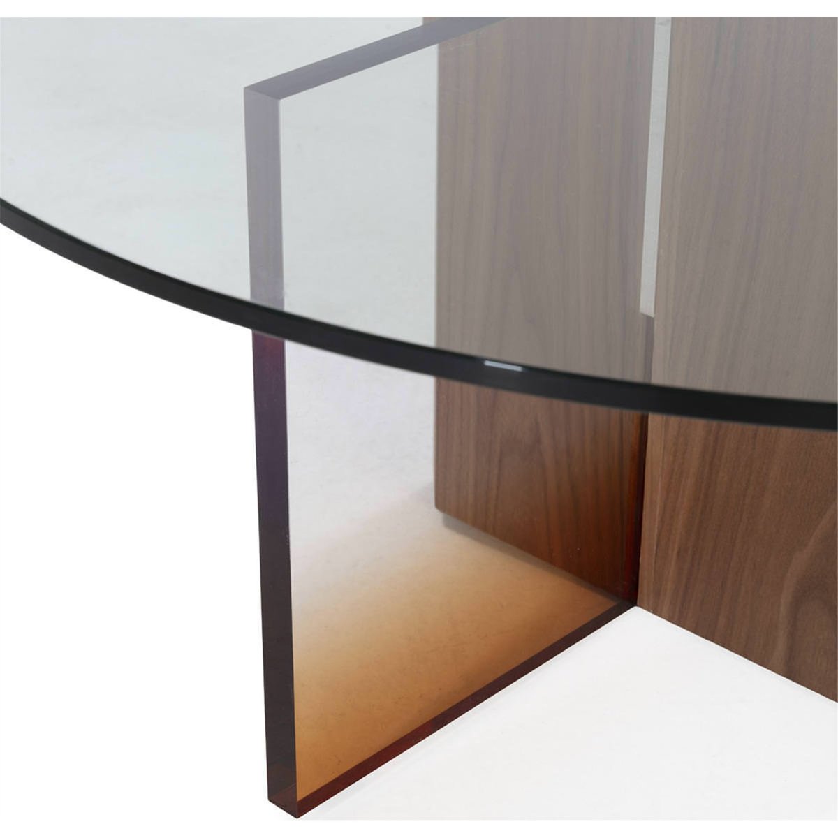 Table basse ronde design contemporain noyer, transparent et ambre, RECOLLECTION