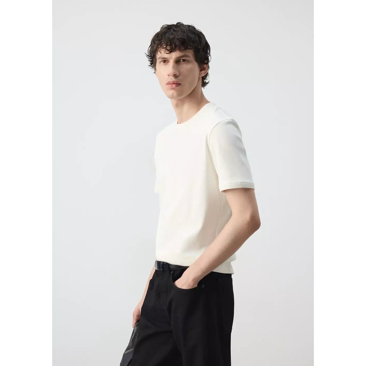 T-shirt slim fit en coton côtelé blanc, MANGO MAN