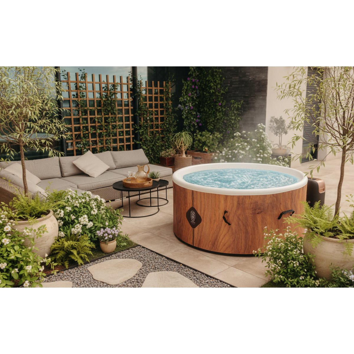 Spa gonflable chauffant & massant imitation bois couleur unique, COCO SPA