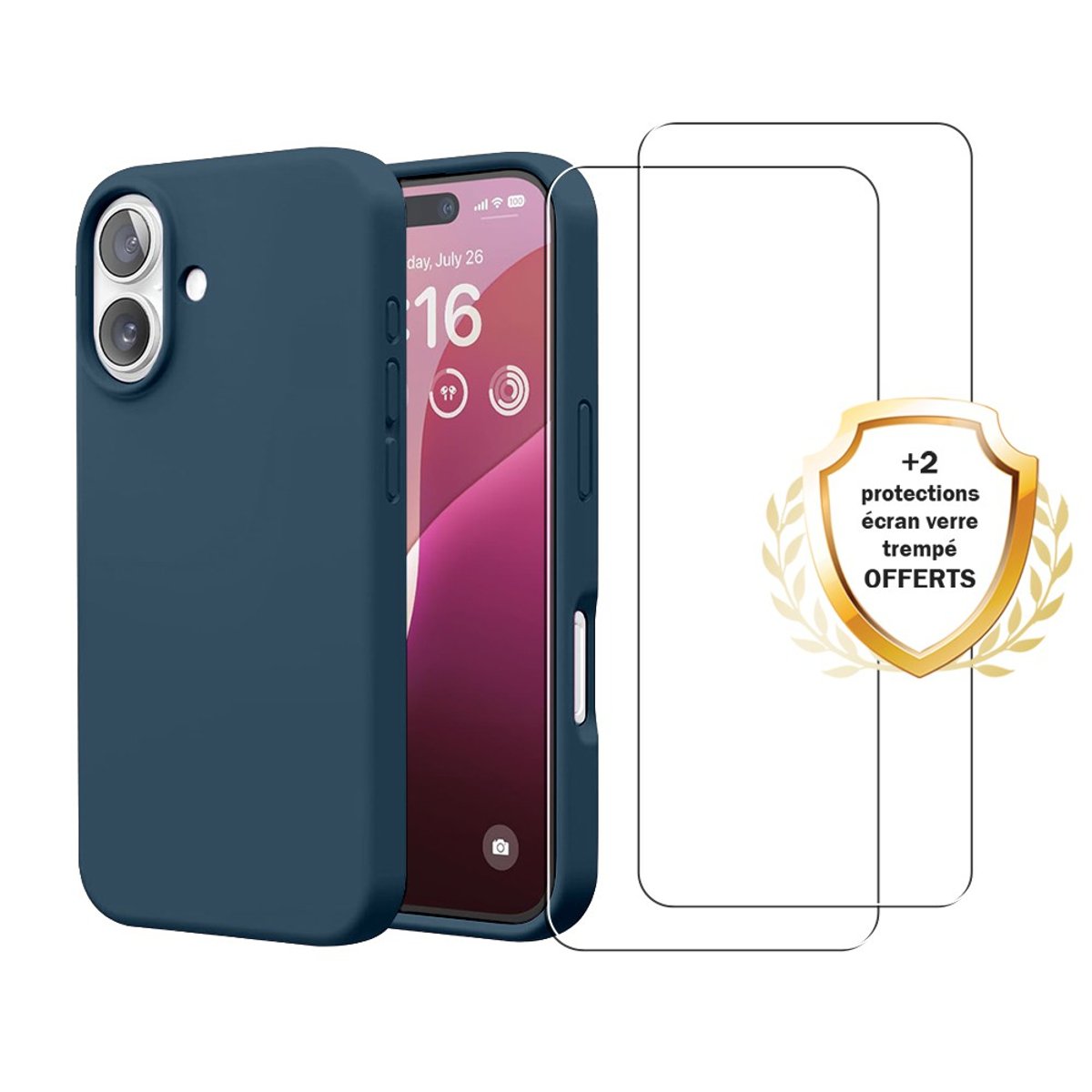 Coque iPhone 16 antichoc + 2 vitres bleu, EVETANE