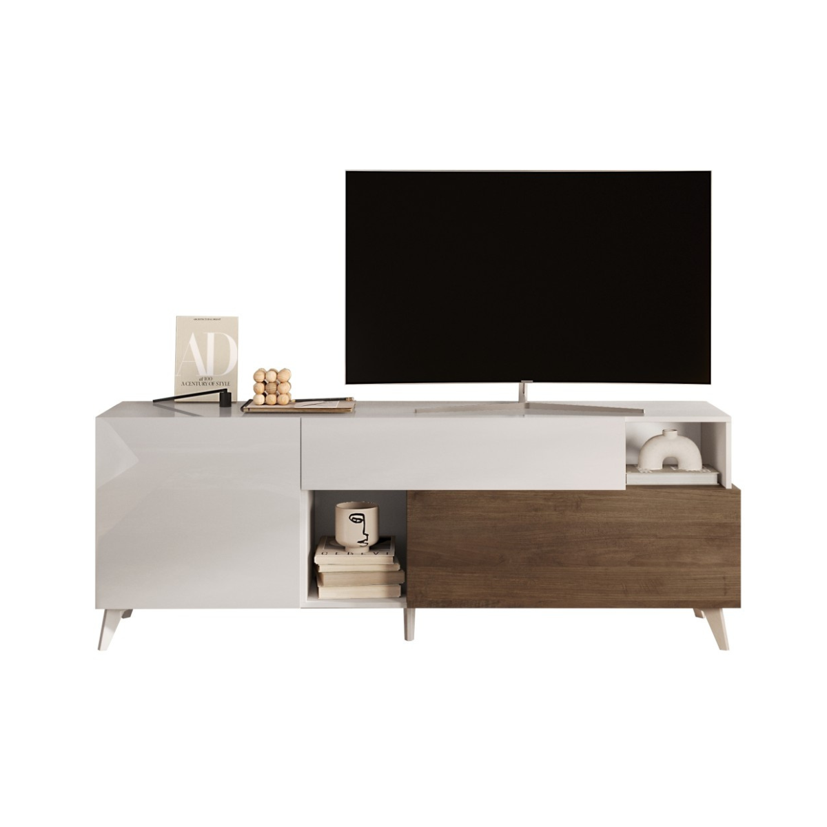Meuble TV 2 portes, 1 tiroir et 2 niches L180 cm - MALA blanc laqué / bois foncé, CALICOSY