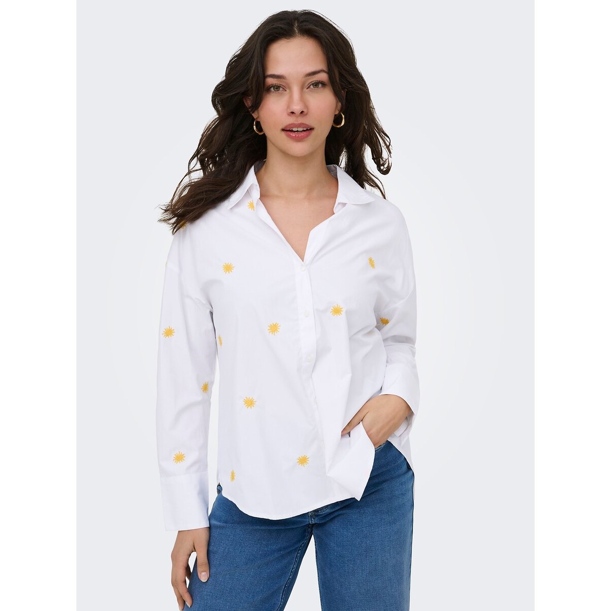 Chemise manches longues brodée blanc soleil, ONLY